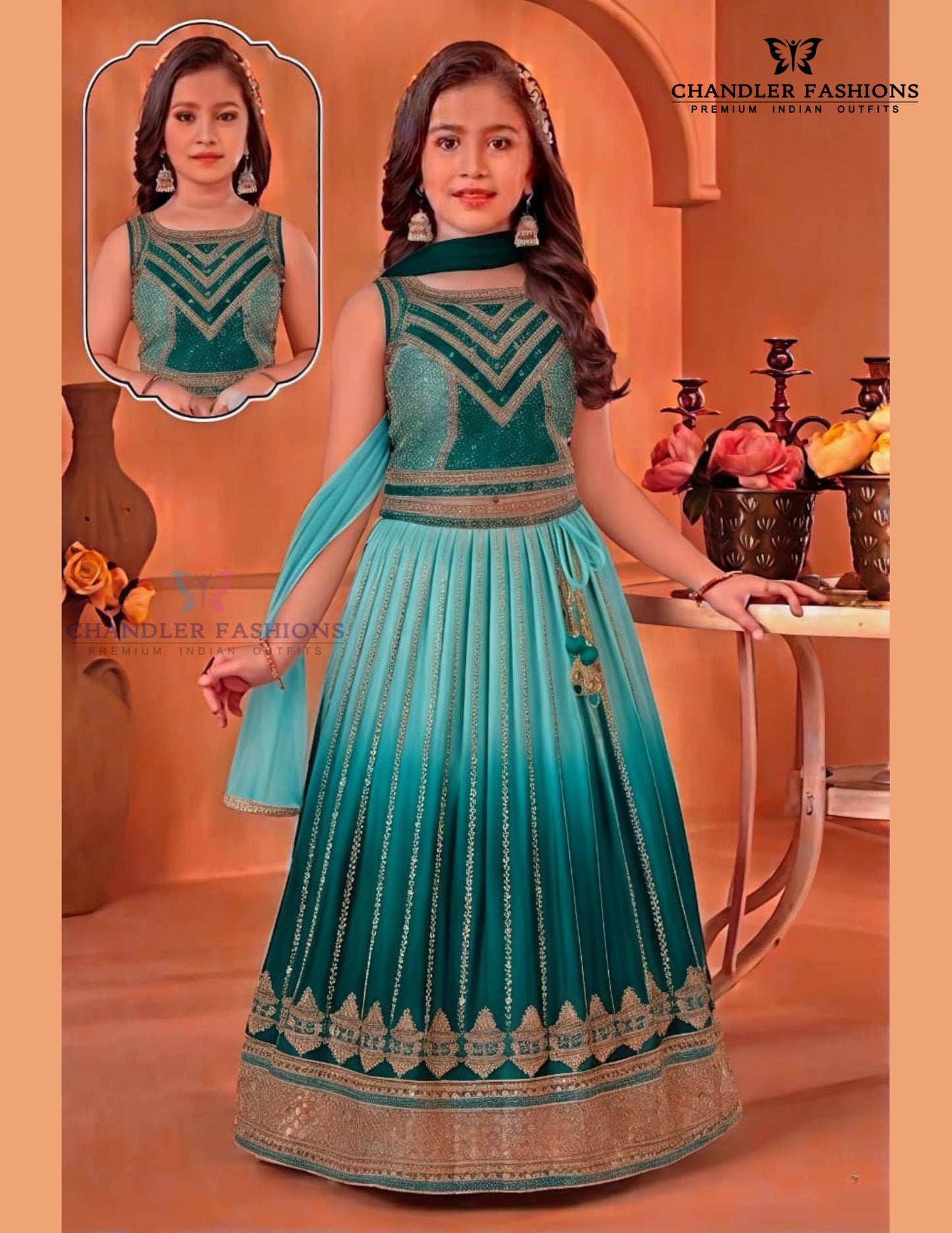 Attractive Teal Green Color Embroidery And Sequins Work Choli Set With Dupatta For Girls
