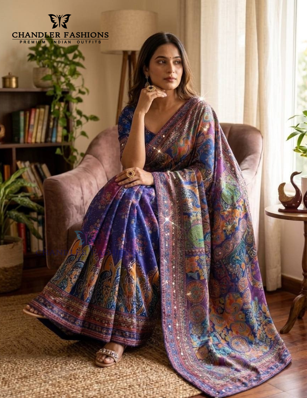 Blue Color Chinon Silk Saree Printed And Gold Zari And Mirror Work In USA