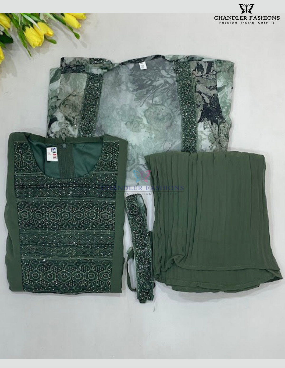 Amazing Olive Green Color Georgette Palazzo Suits With Embroidery And Sequins Work Near Me