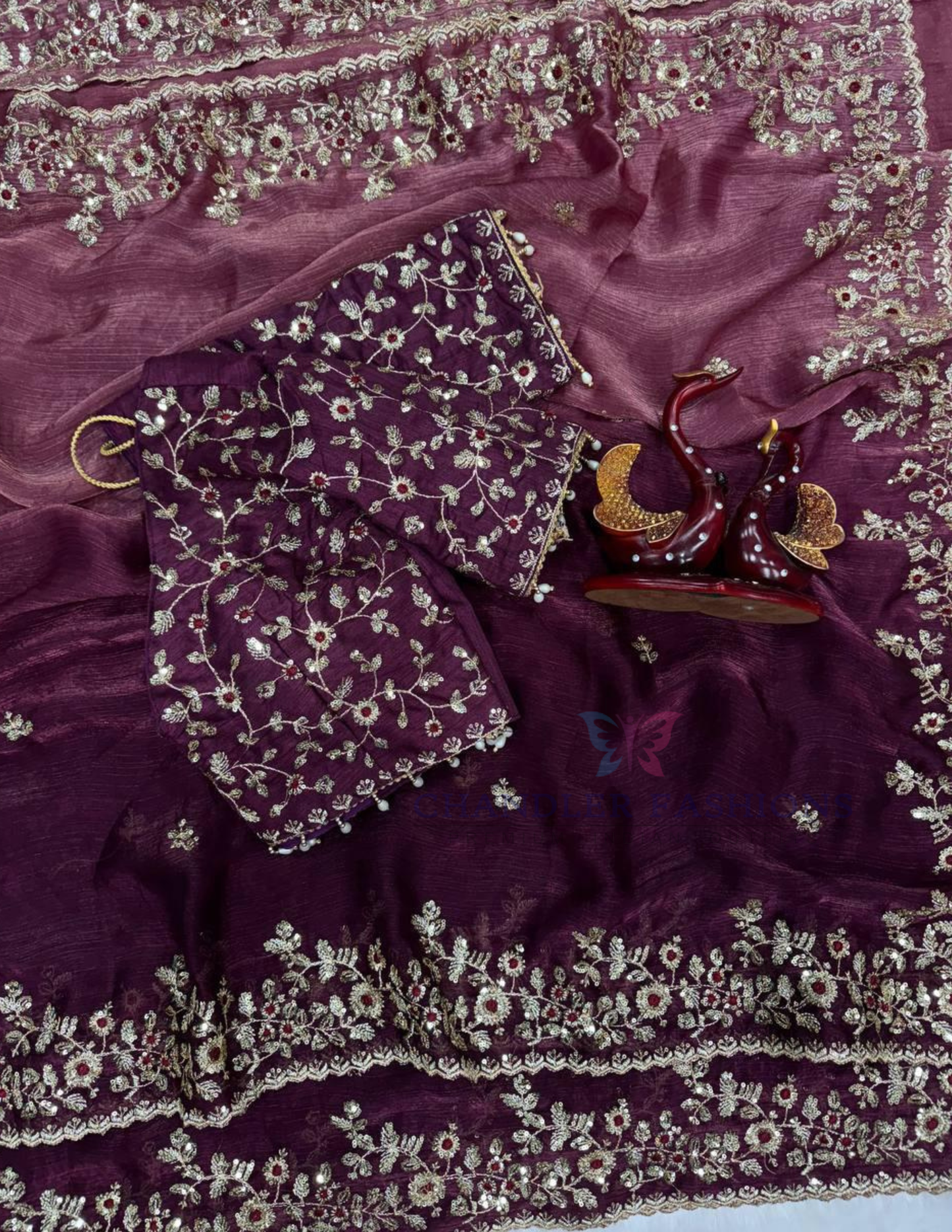 Gorgeous Purple Color Fendy Chiffon With Embroidery And Sequins Work Saree