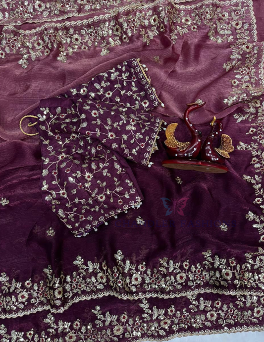 Gorgeous Purple Color Fendy Chiffon With Embroidery And Sequins Work Saree