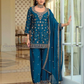 Gorgeous Teal Blue Color Chinon With Sequins And Embroidery Work Palazzo Suits With Dupatta