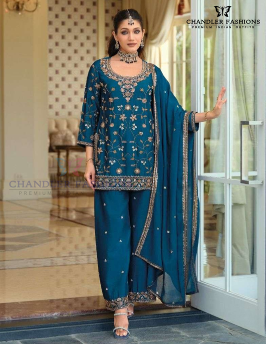 Gorgeous Teal Blue Color Chinon With Sequins And Embroidery Work Palazzo Suits With Dupatta