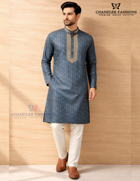 Elegant Dark Blue Color Brocade With Embroidery Work Kurta Suits For Men
