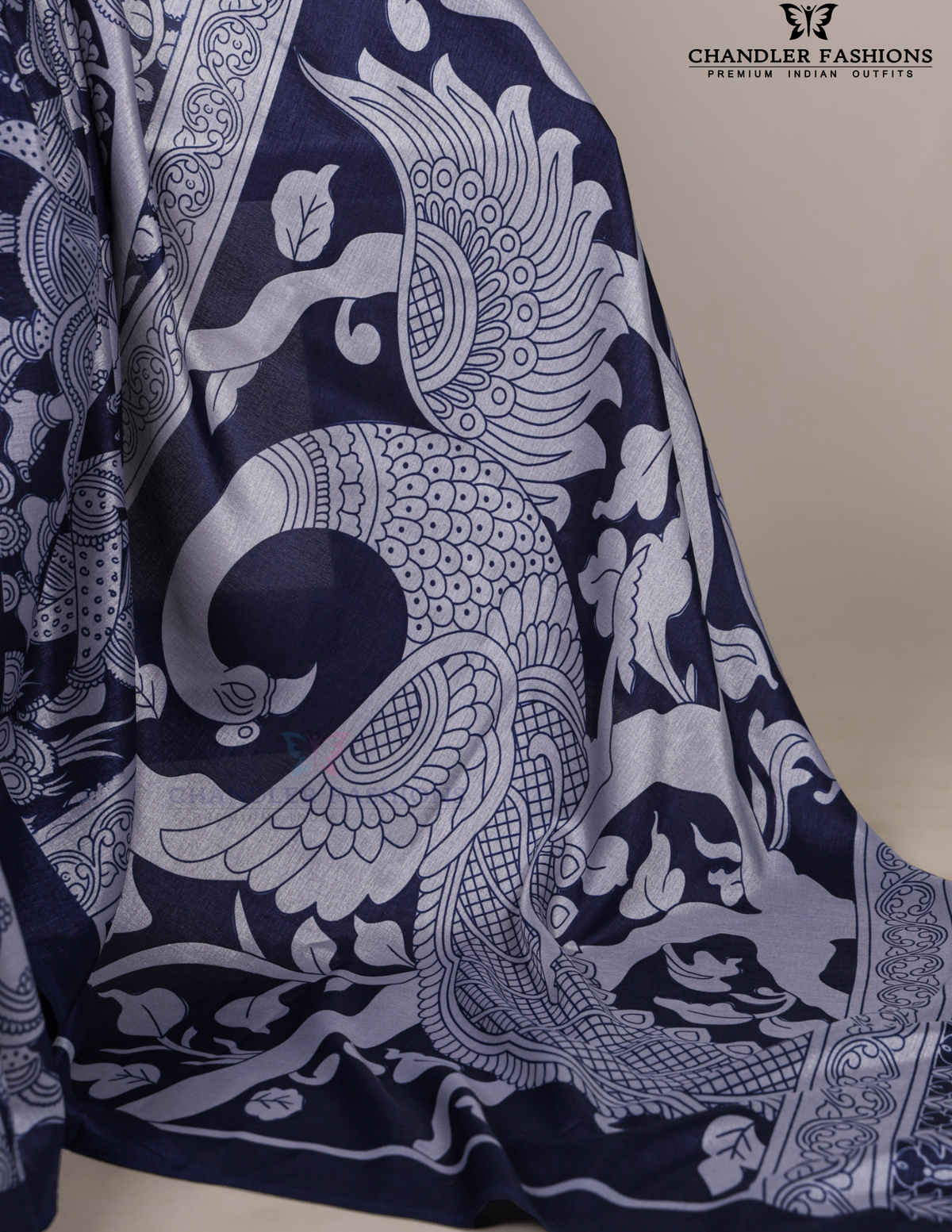 Blue Color Kalamkari Printed Saree Features Detailed Peacock Design In USA