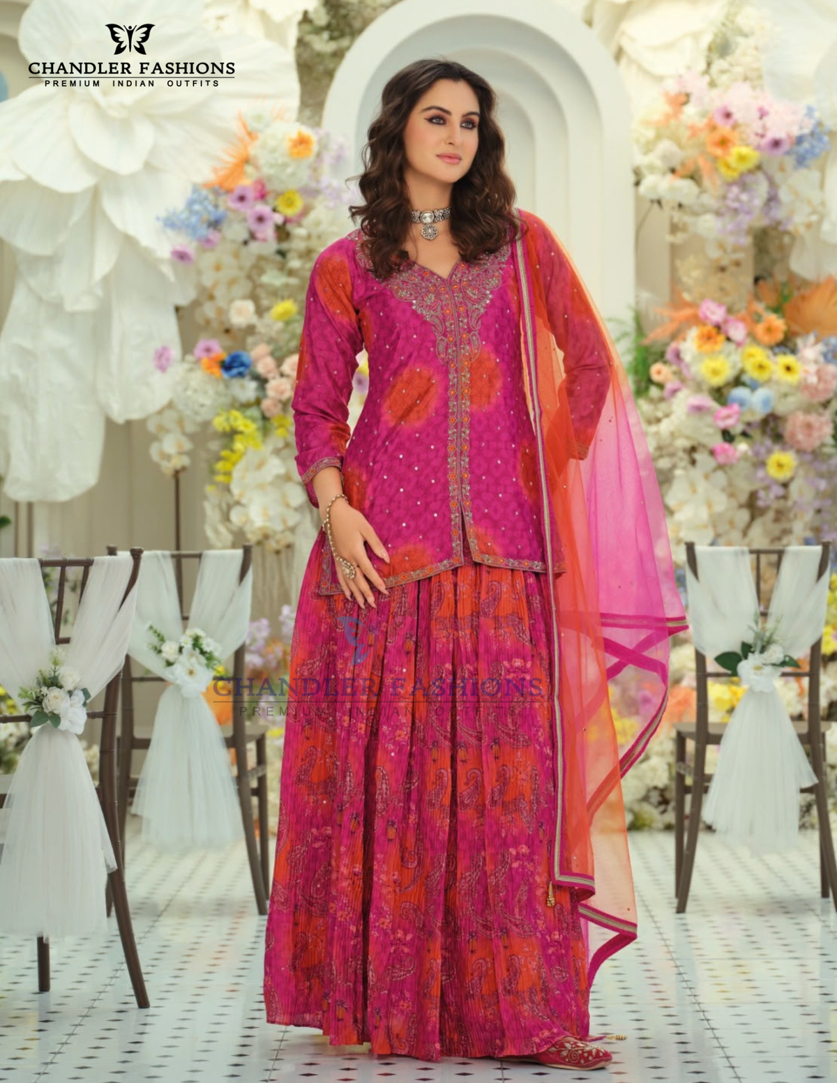 Alluring Pink Color Chinon With Digital Print And Embroidery Work Palazzo Suits For Women