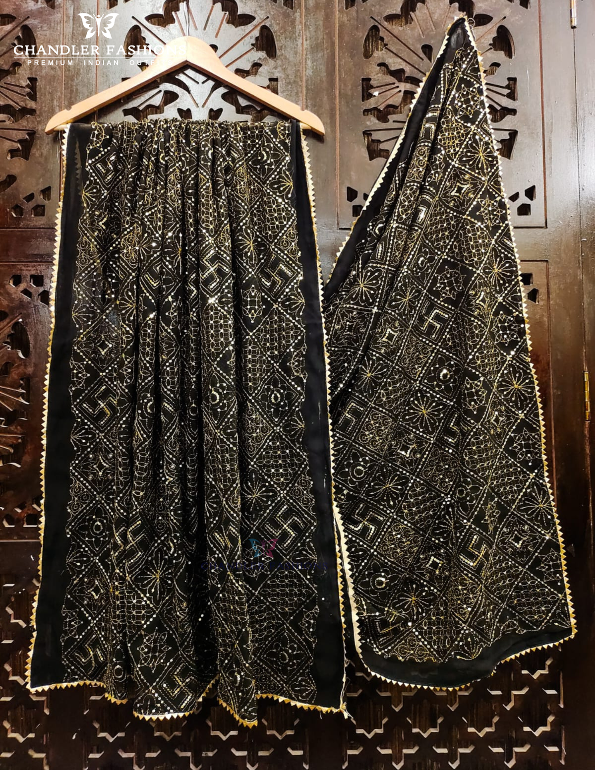Black Color Georgette With Printed And Zari Work Dupatta Near Me