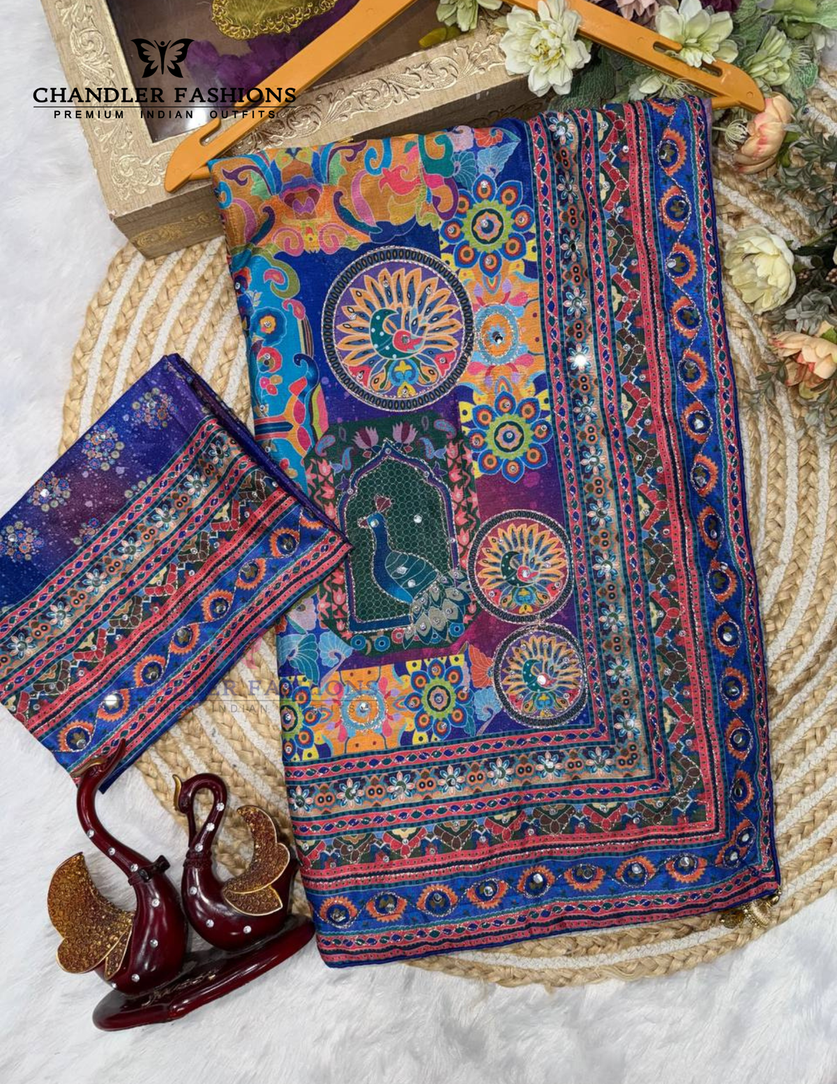 Blue Color Chinon Silk Saree Printed And Gold Zari Work In Mesa
