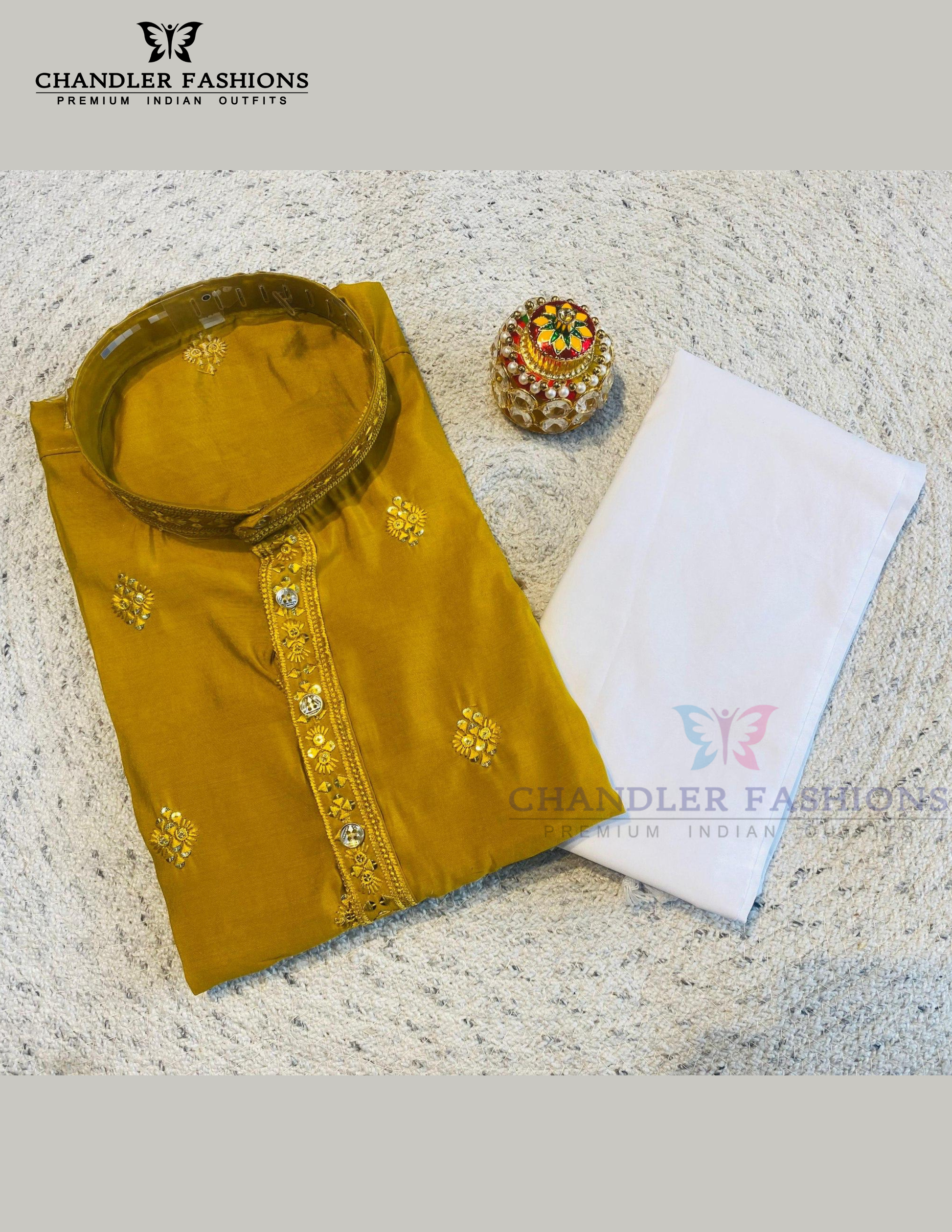 Wonderful Mustard Yellow Color Rayon With Sequins Embroidery Work Kurta Suits For Men