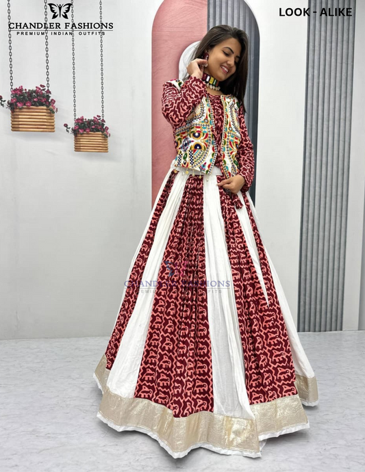 Attractive Maroon And White Color Pure Cotton With Gamthi Embroidery And Mirror Work Chaniya Choli For Women