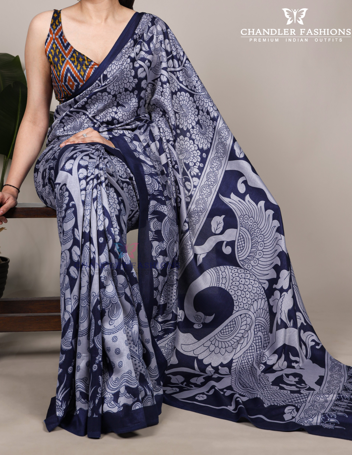 Beautiful Blue Color Kalamkari Printed Saree Features Detailed Peacock Design On The Pallu And Paired Contrasting For Women