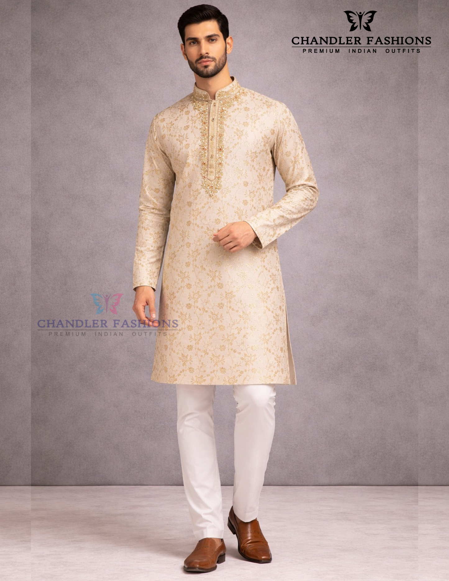 Alluring Cream Color Brocade Embroidery Work Kurta Pajama Set For Men