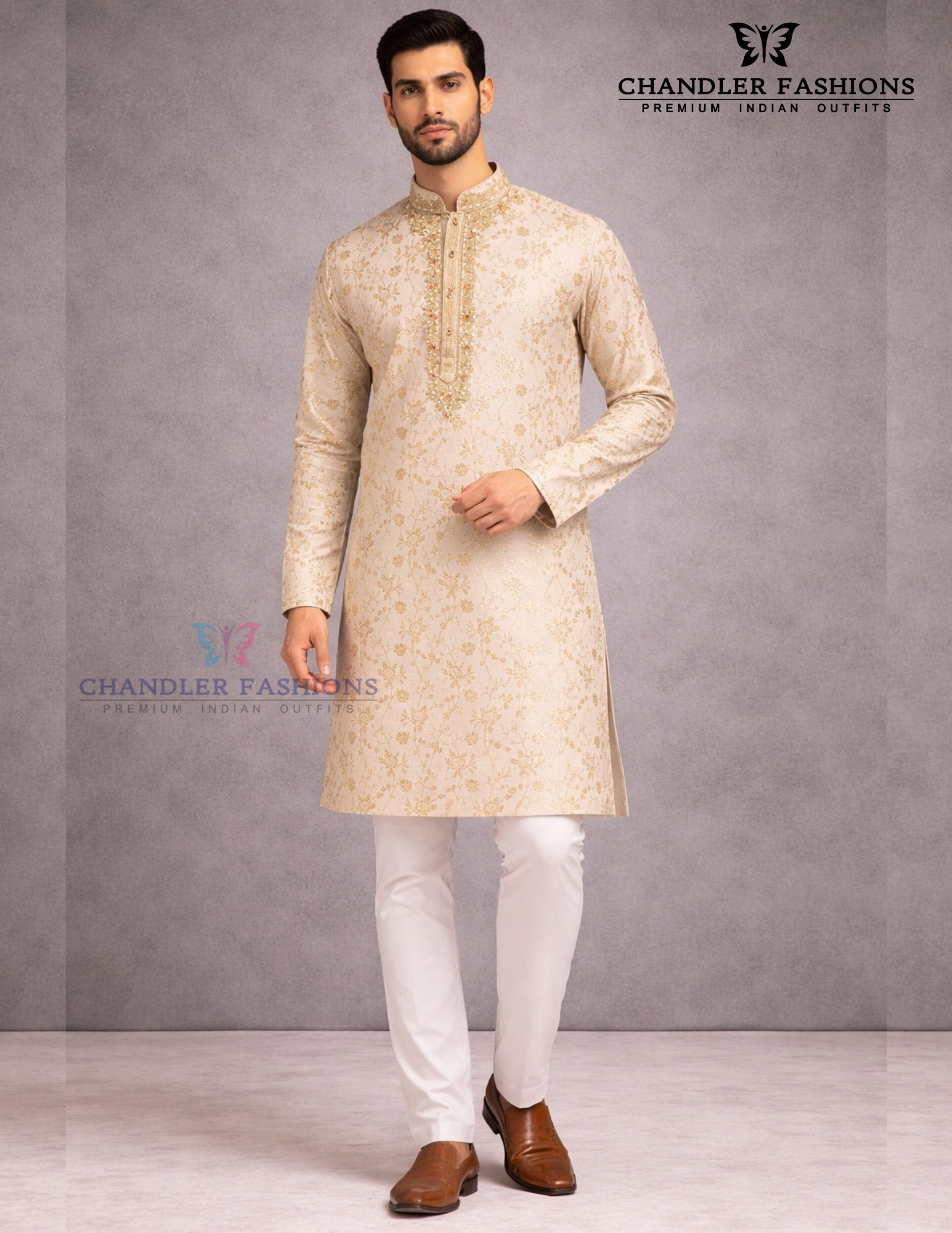 Alluring Cream Color Brocade Embroidery Work Kurta Pajama Set For Men
