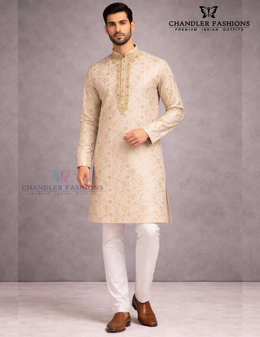 Alluring Cream Color Brocade Embroidery Work Kurta Pajama Set For Men
