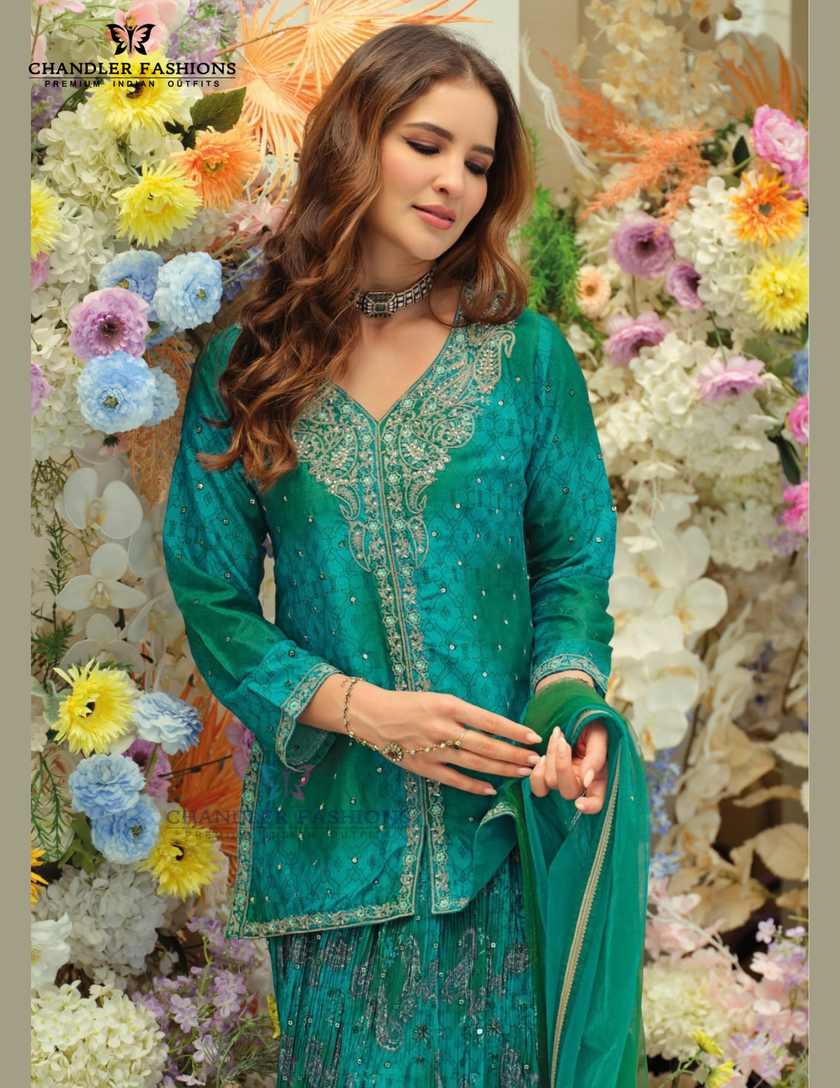 Teal Blue Color Embroidery Work Palazzo Suits In Mesa