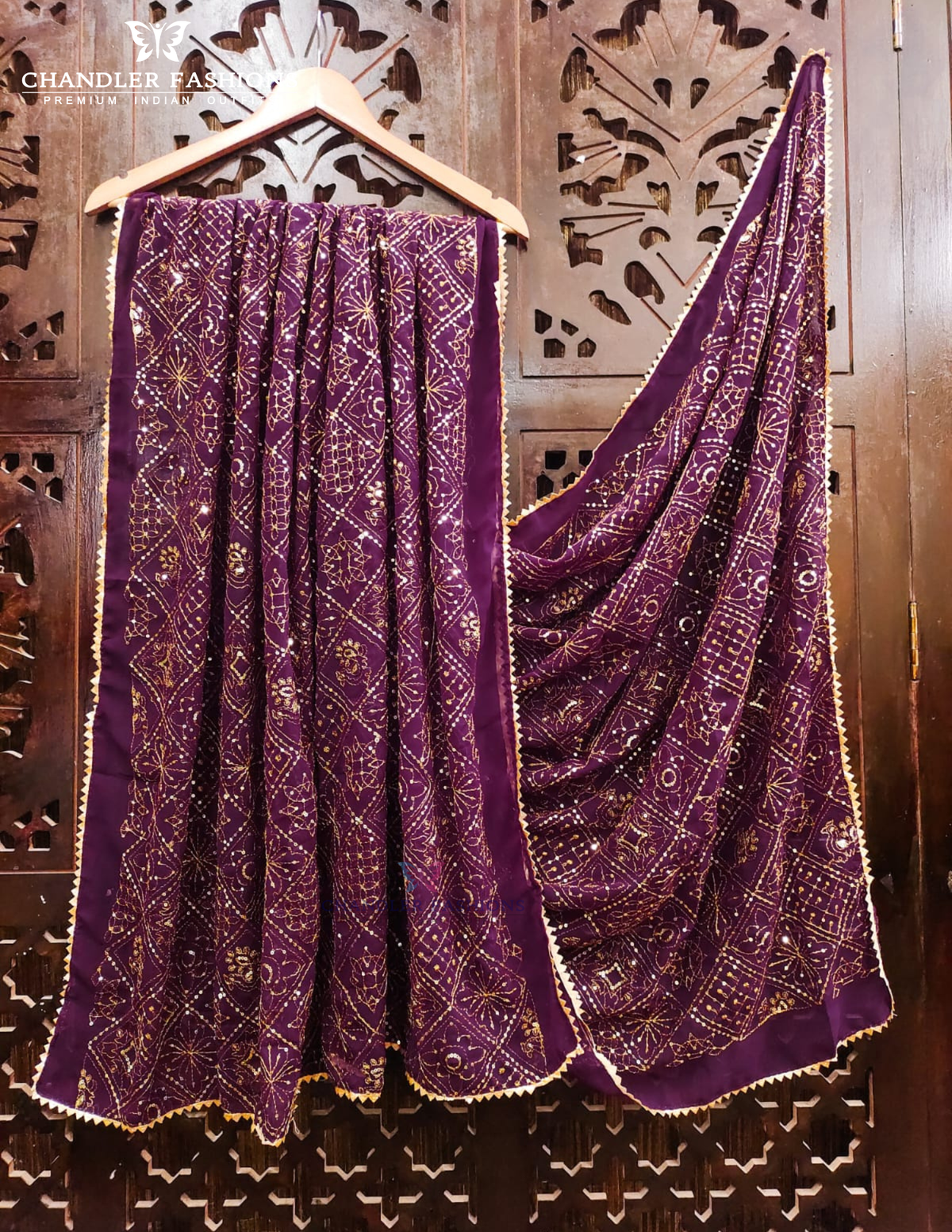 Purple Color Georgette With Printed And Zari Work Dupatta Near Me