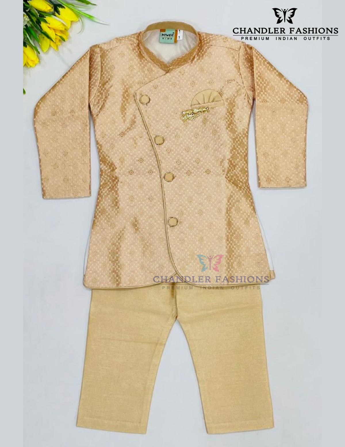 Amazing Peach Color Cotton With Art Silk Sherwani For Boys
