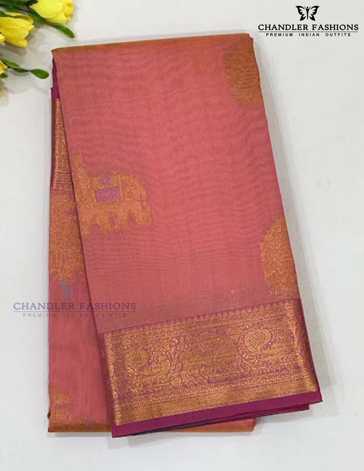 Attractive Peach Color Silk Cotton With Gold Zari Work Saree For Women