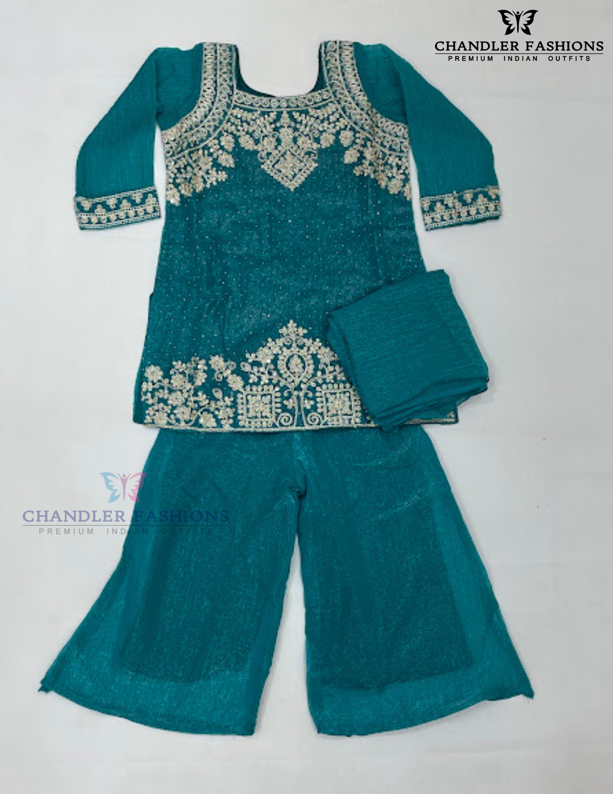 Beautiful Teal Green Color Georgette Sharara Suit With Embroidery Work For Girls