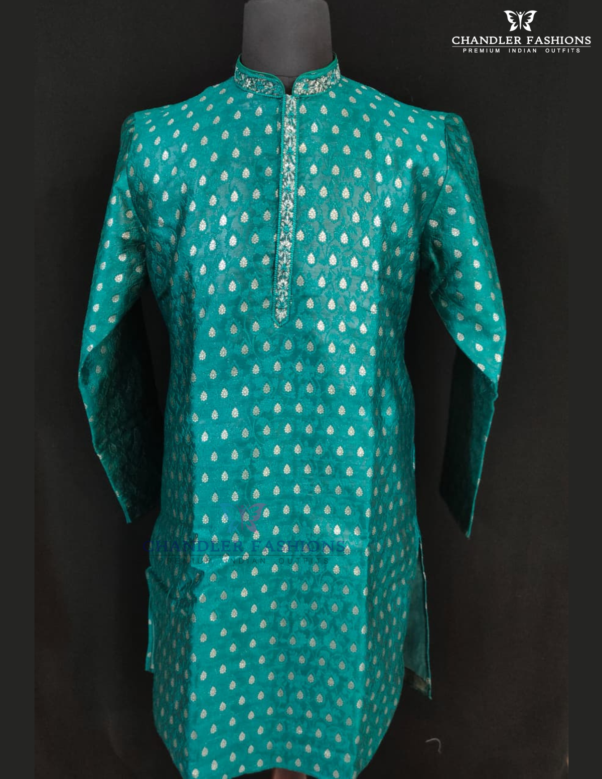 Attractive Teal Blue Color Pure Banarasi With Zari Work Kurta Suits For Men