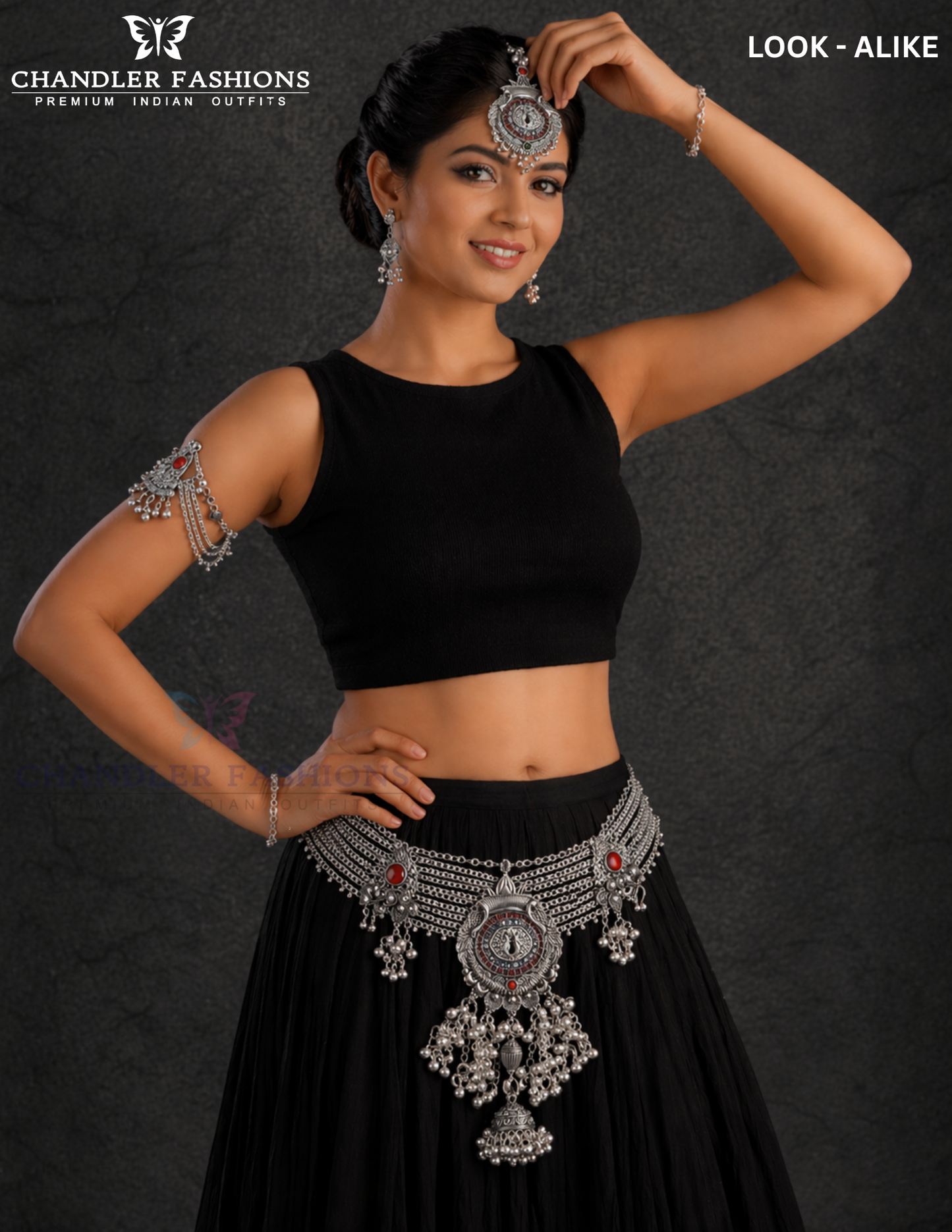 Wonderful Red Color Stone Oxidized Waist Belt With Hair Accessory For Women