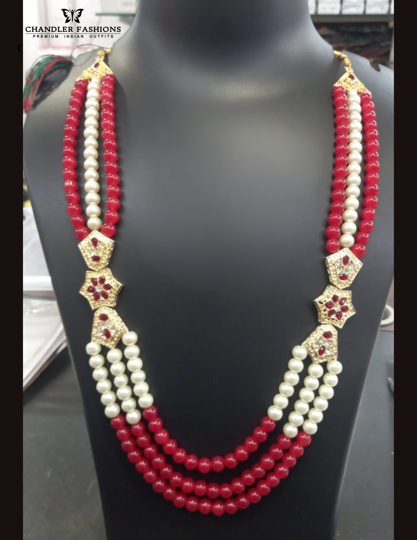 Attractive White And Red Color Gold Plated With Pearl Beaded Unique Style Mala