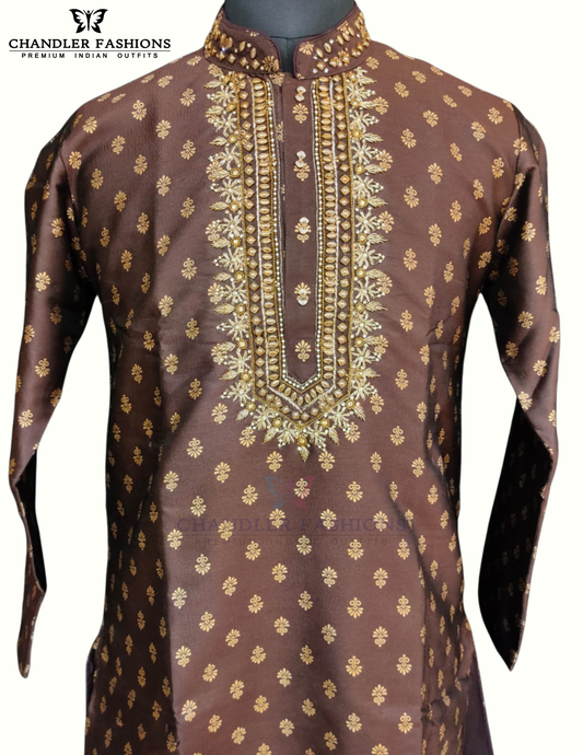 Gorgeous Brown Color Brocade Designer Men's Kurta With Pajama Pant