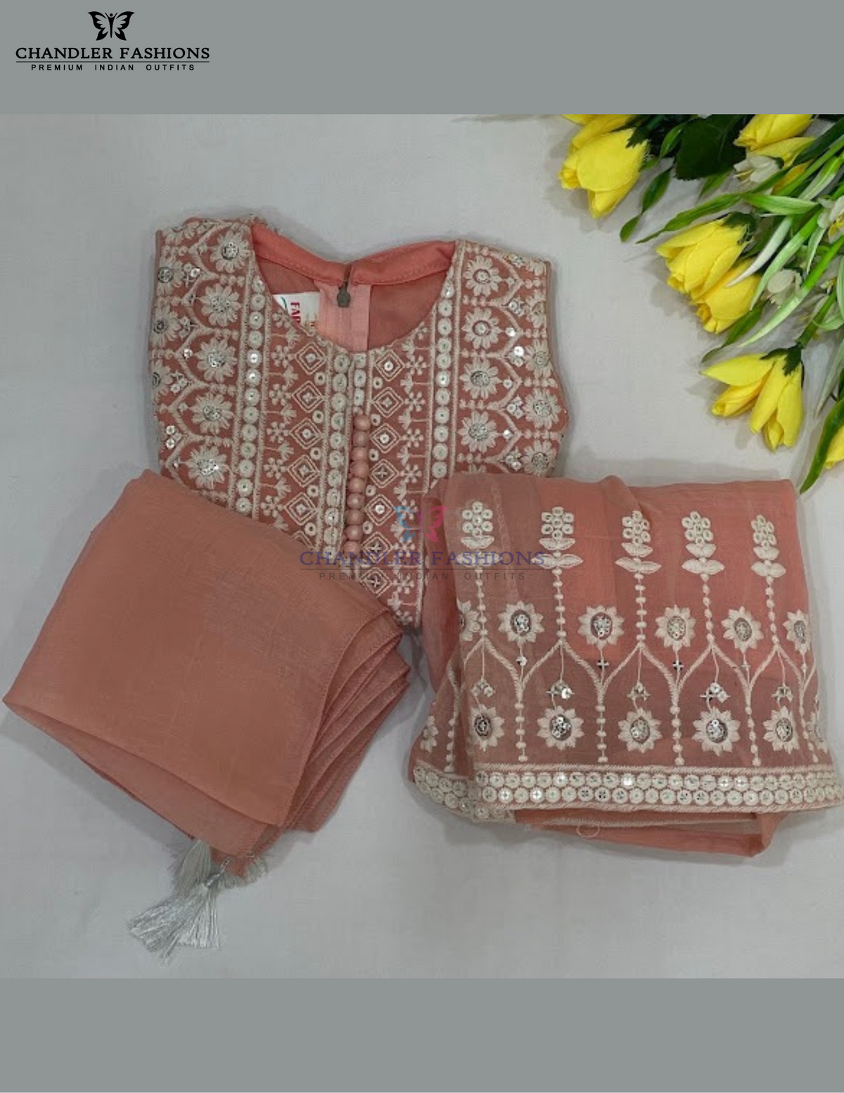 Sttunning Peach Color Chiffon Palazzo Suits With Heavy Embroidery Work Near Me