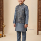 Fabulous Bluish Gray Color Silk With Printed Work Sherwani Suits With Jacket For Boys