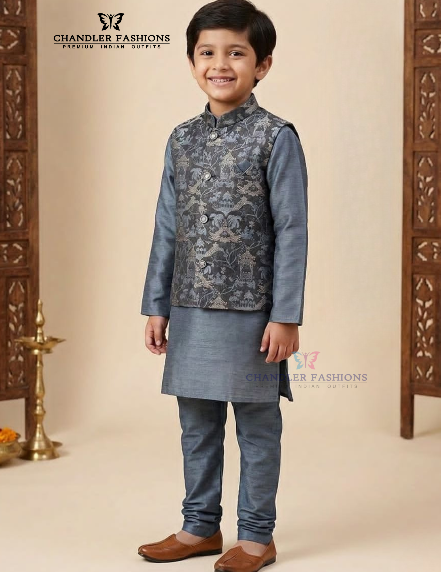Fabulous Bluish Gray Color Silk With Printed Work Sherwani Suits With Jacket For Boys