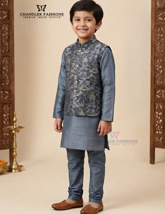 Fabulous Bluish Gray Color Silk With Printed Work Sherwani Suits With Jacket For Boys