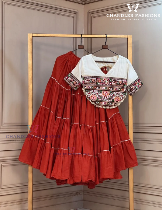 Amazing Rust Orange Color Kora Cotton With Kutchi Patchwork Lehenga For Women
