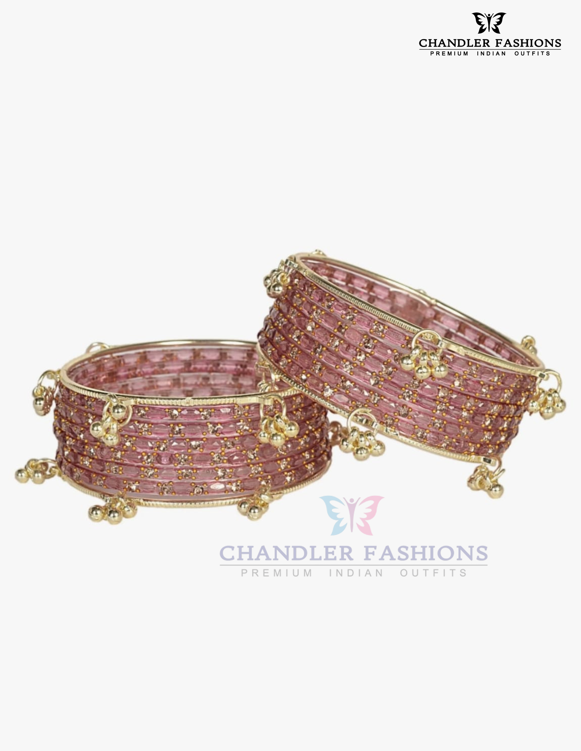 Beautiful Pink Color Raindrop Glass Bangles With Stone And Gold Finishing