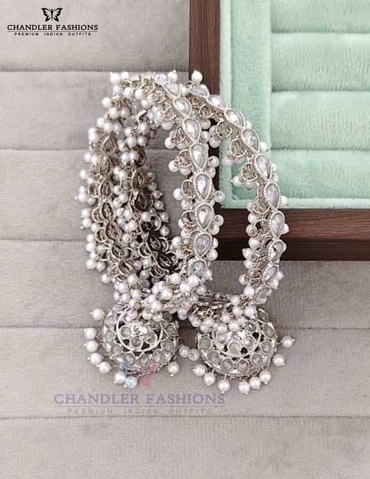 Gorgeous White Color Stones And Pearls With Jumkha Design American Diamond Bangles For Women
