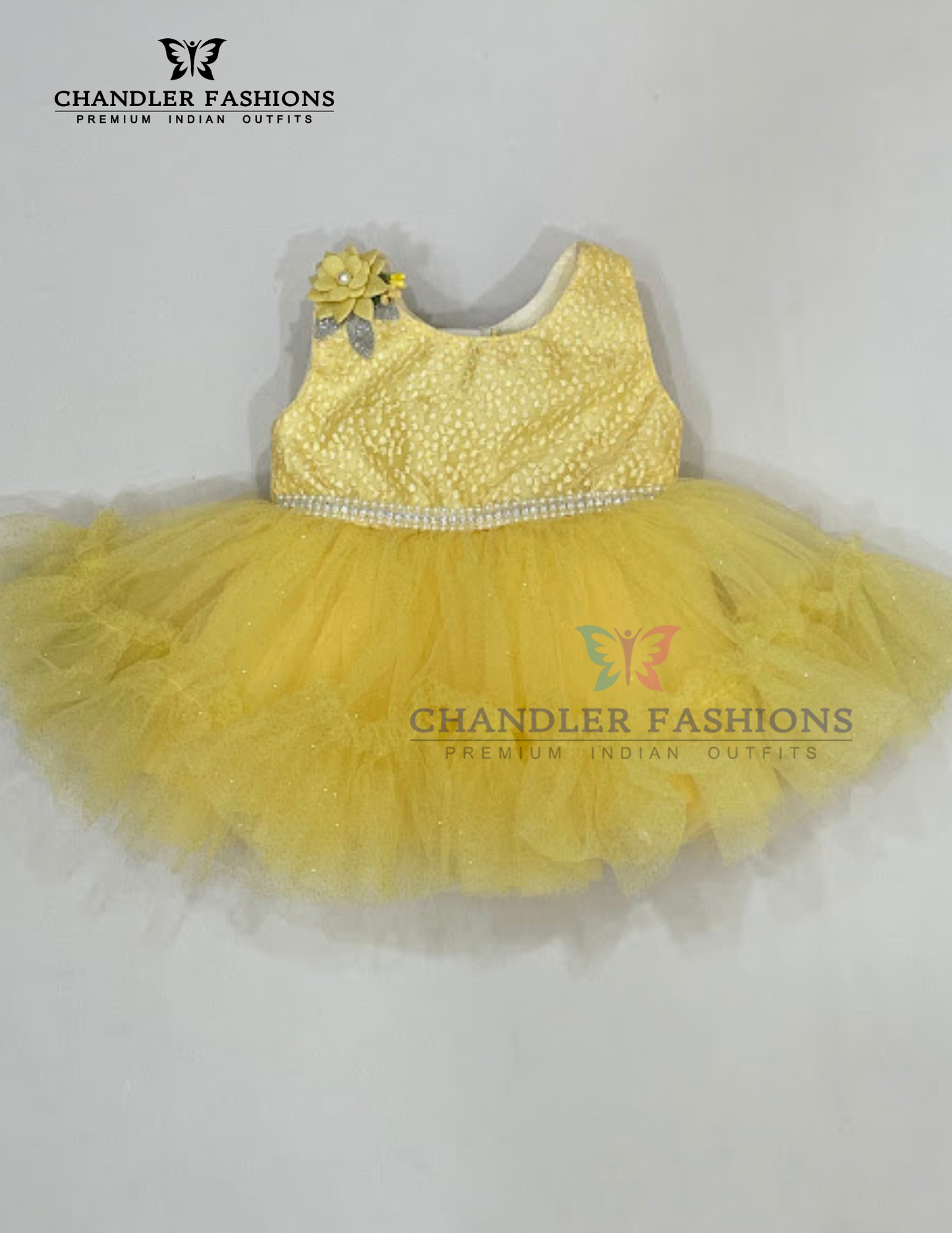 Stunning Yellow Color Soft Net With Embroidery Work Frock For Kids