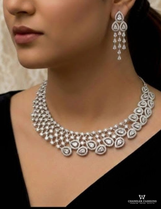 Alluring White Color Stone Embadded American Diamond Necklace With Earrings Set