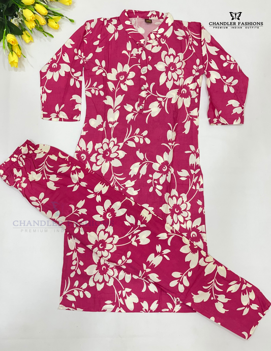 Alluring Pink Colored Floral Design Work Cotton Kurti Suits For Girls