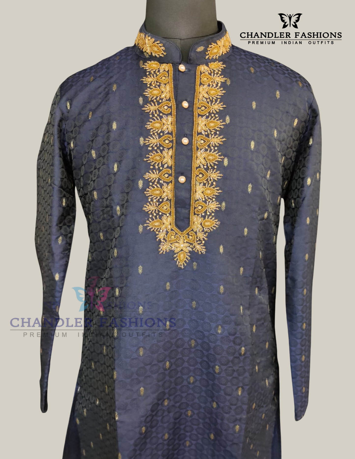 Beautiful Navy Blue Color Brocade Kurta With Pajama For Men