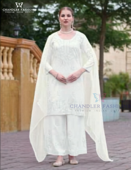 Stunning White Color Rayon With Embroidery Work Palazzo Suits With Dupatta For Women
