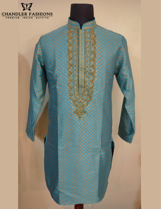 Elegant Light Blue Color Banarasi Brocade Kurta With Pajama For Men