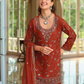 Dark Orange Color Chinon With Palazzo Suits With Dupatta Near Me