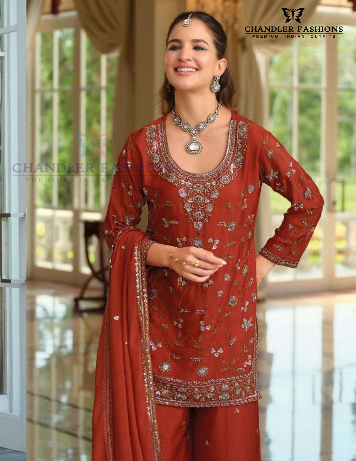 Dark Orange Color Chinon With Palazzo Suits With Dupatta Near Me