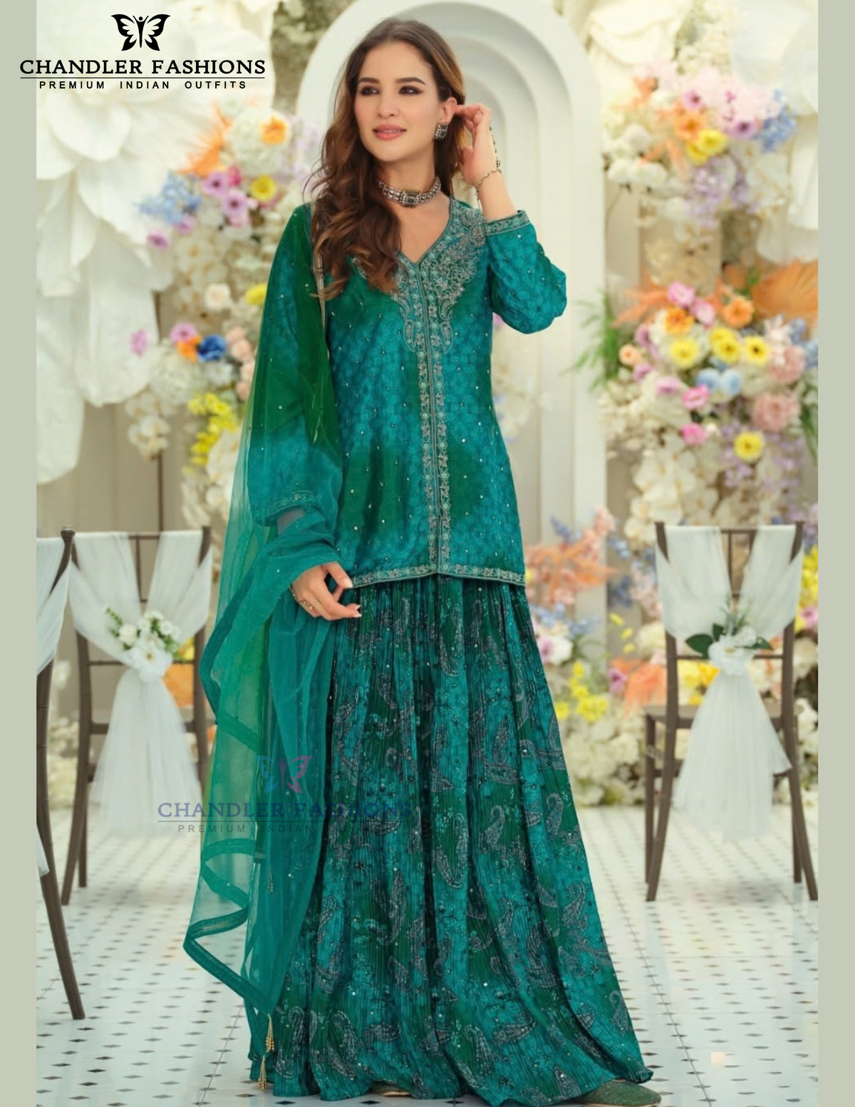 Amazing Teal Blue Color Chinon With Digital Print And Embroidery Work Palazzo Suits For Women