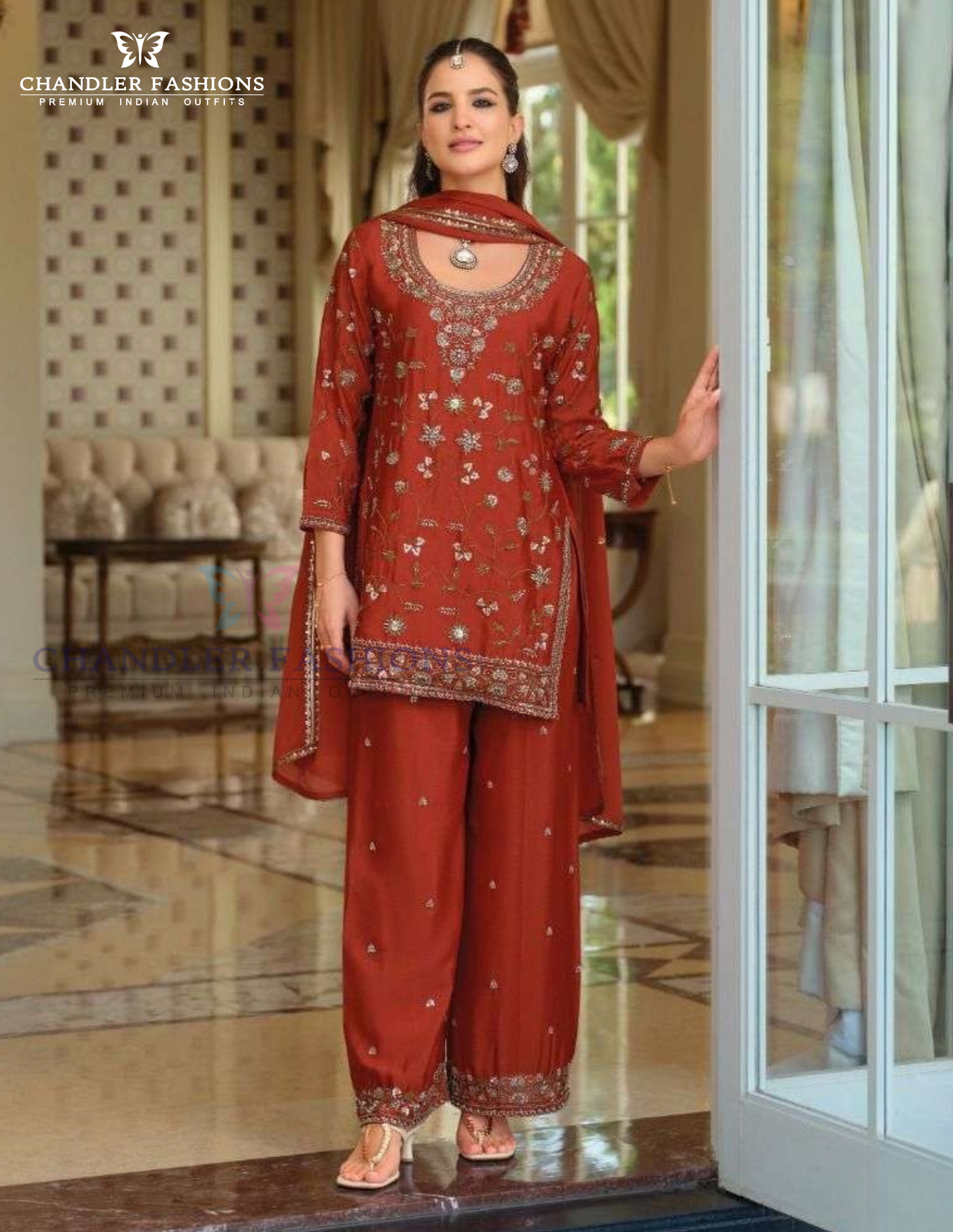 Stunning Dark Orange Color Chinon With Sequins And Embroidery Work Palazzo Suits With Dupatta