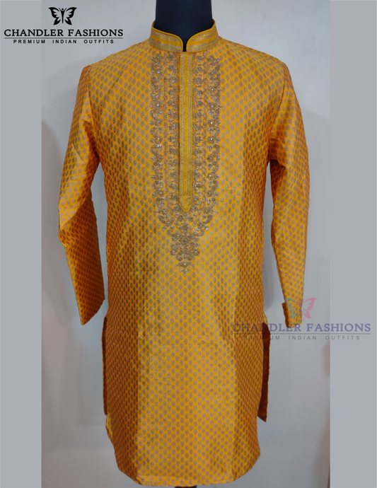 Amazing Yellow Color Banarasi Brocade Kurta With Pajama For Men