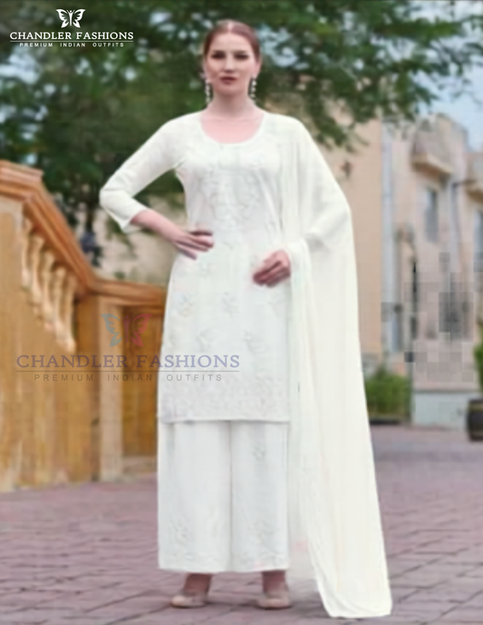 Charming White Color Embroidery Work Rayon Palazzo Suits With Dupatta For Women