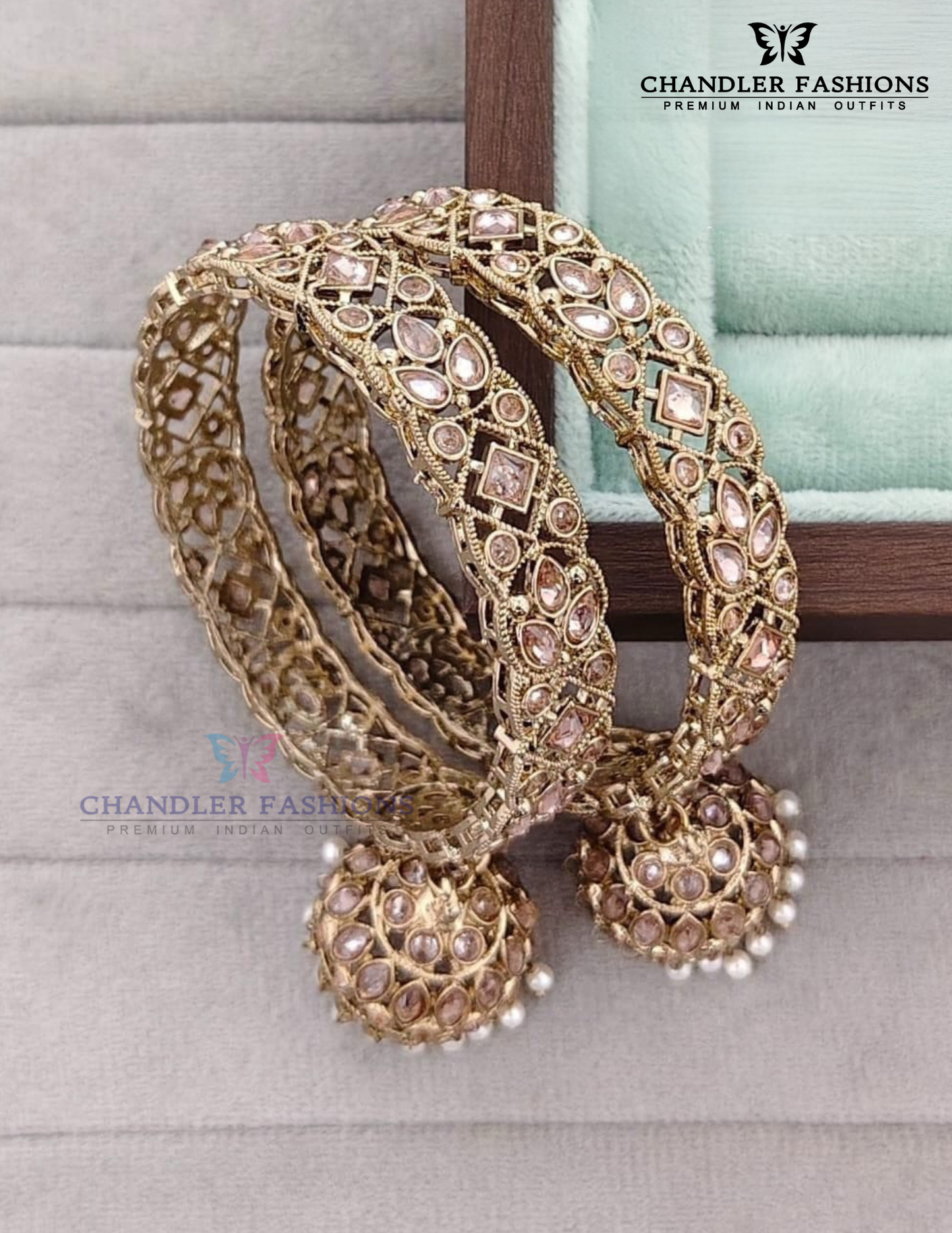 Elegant Gold Color Stone And Pearl Jhumka Style Gold Plated Bangles For Women