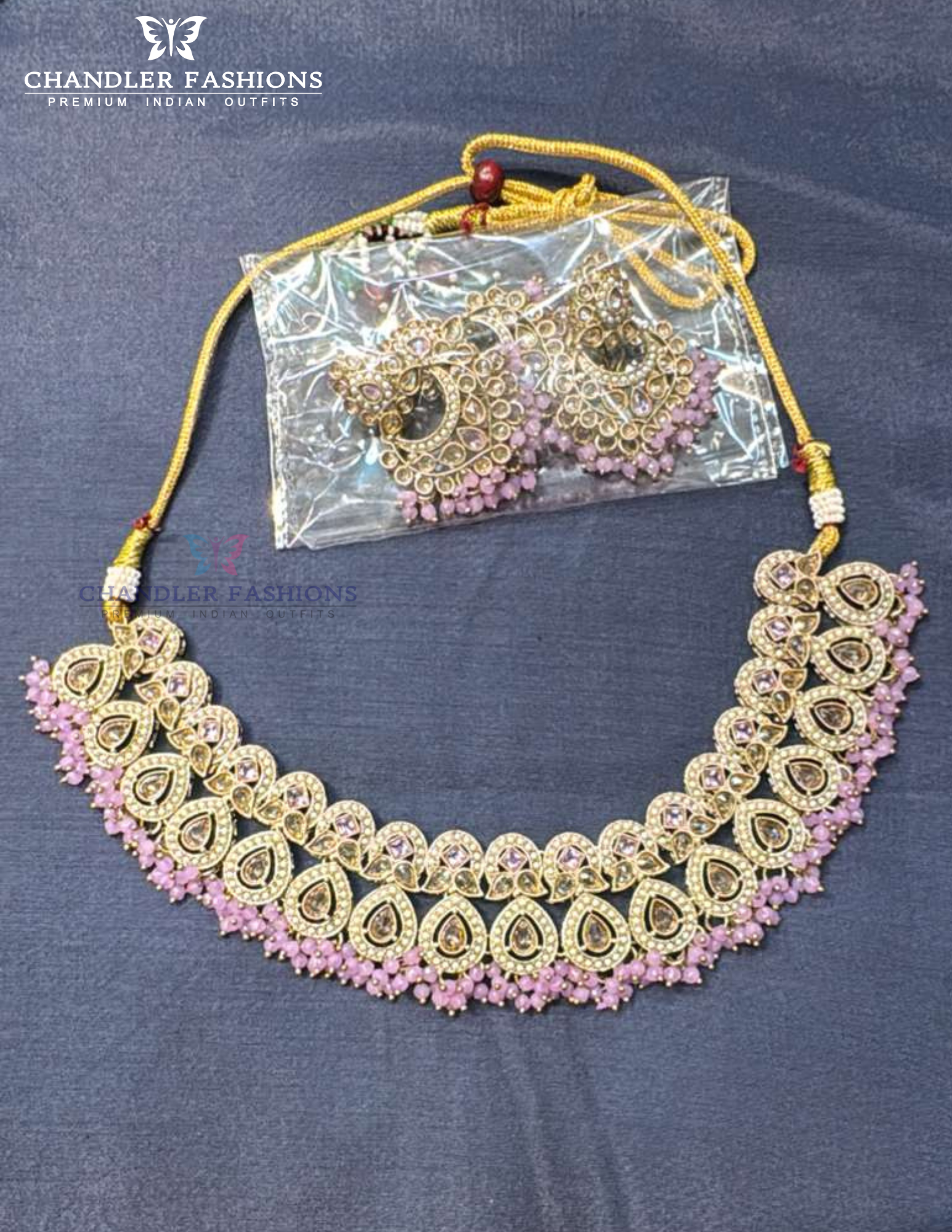 Elegant Lavender Color Stone And Pearl Necklace Set With Matching Earrings And Maang Tikka