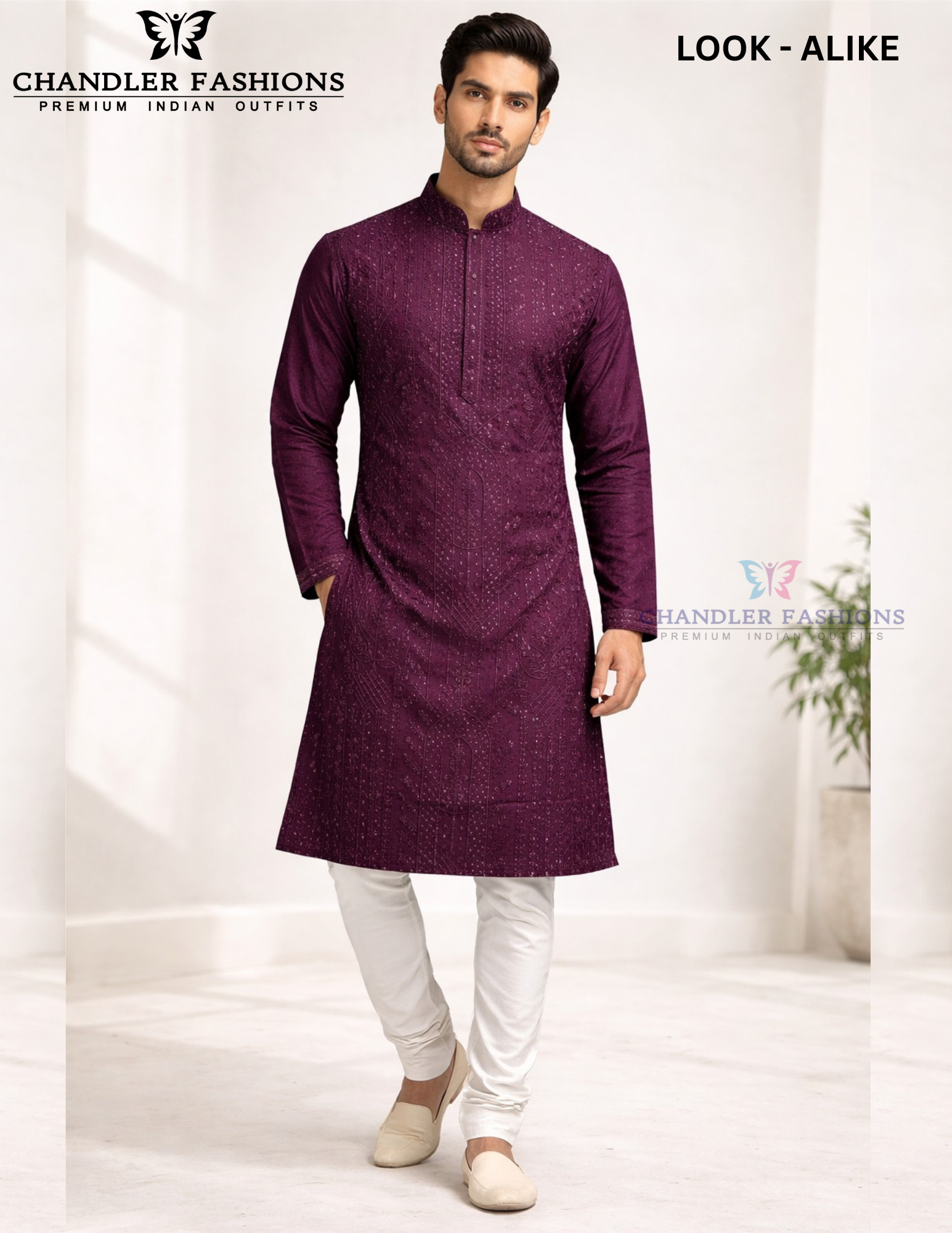 Charming Wine&nbsp;Color Cotton With Sequins Embroidery Work Kurta With Pajama For Men