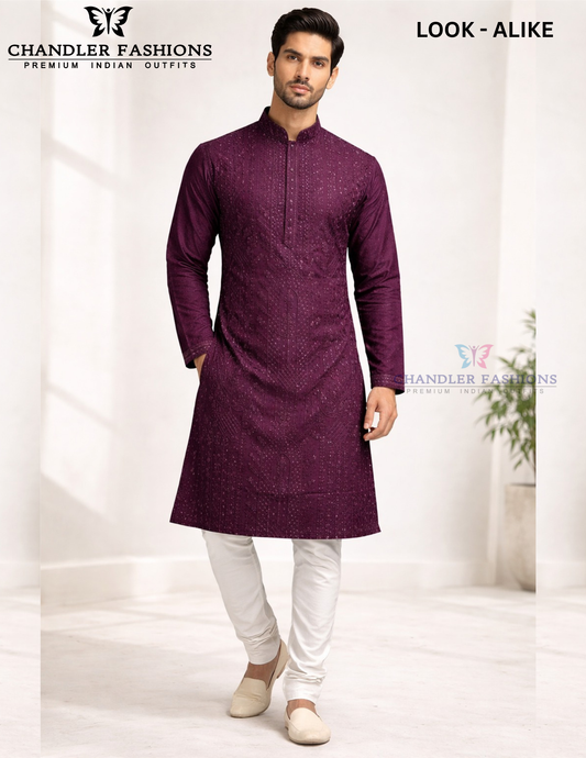 Charming Wine&nbsp;Color Cotton With Sequins Embroidery Work Kurta With Pajama For Men